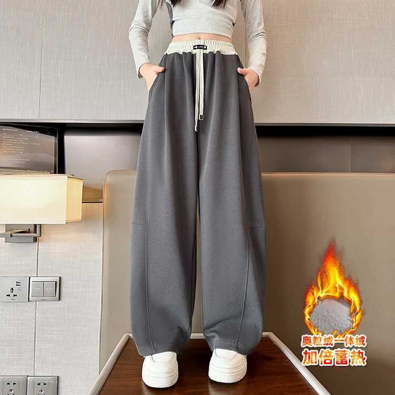 Girls Wide Leg Warm Insulated Pants Kids Loose Pants Children Straight Sweatpants 2024 High Waisted Winter Casual Trousers L251110
