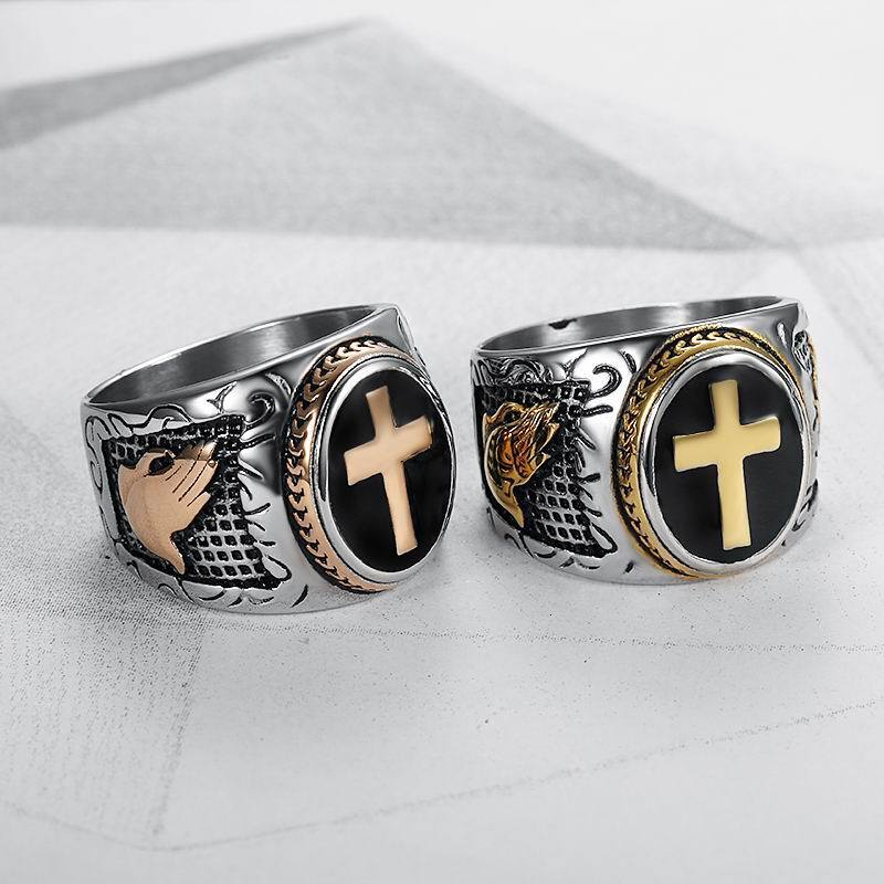 Cross-Border Hot-Selling Accessories European and American Trendy Titanium Steel Cross Men's Black Epoxy God's Finger Ring