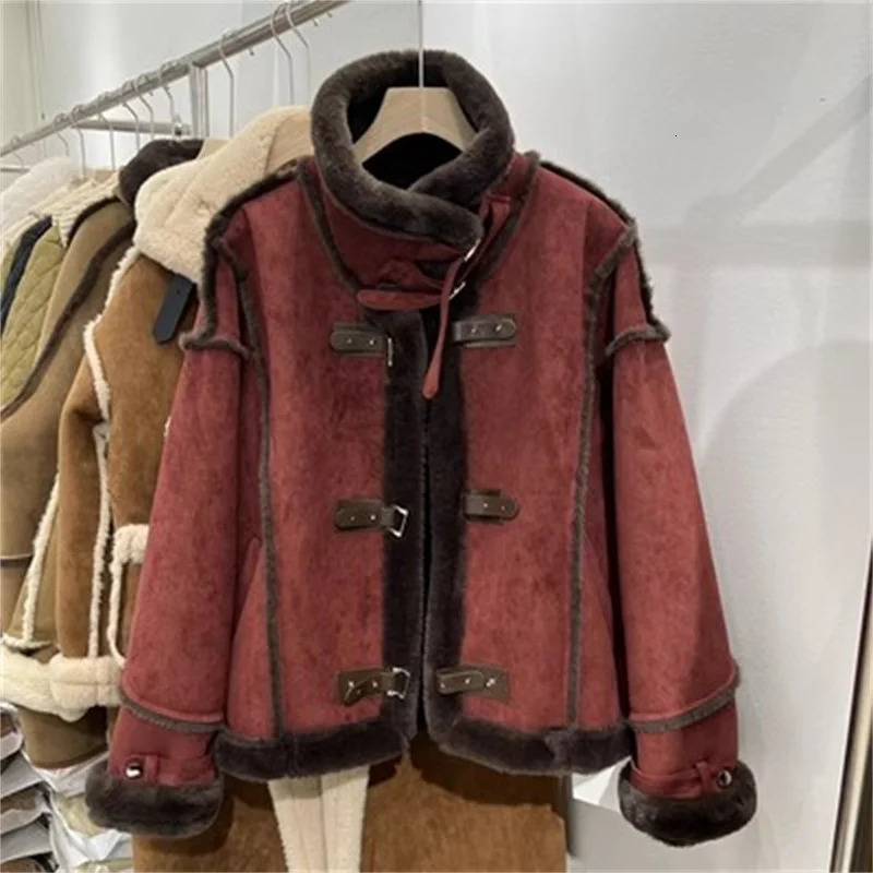 Faux Leather And Fur Integrated Lamb Fur Jacket For Womens Winter Thickened Plush Retro Fashion Motorcycle Jacket JF85 251105