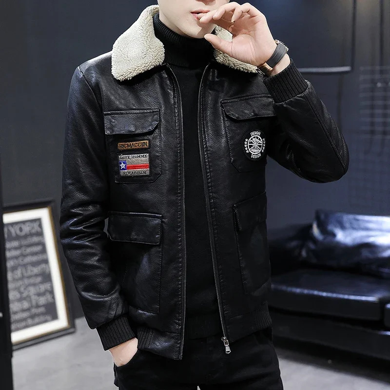 Faux Leather Jacket Men Fashion Badge Patches Male Thicken Pu Jackets Winter Fur Collar Plush Lining Motorcycle Moto Coat Men 251110