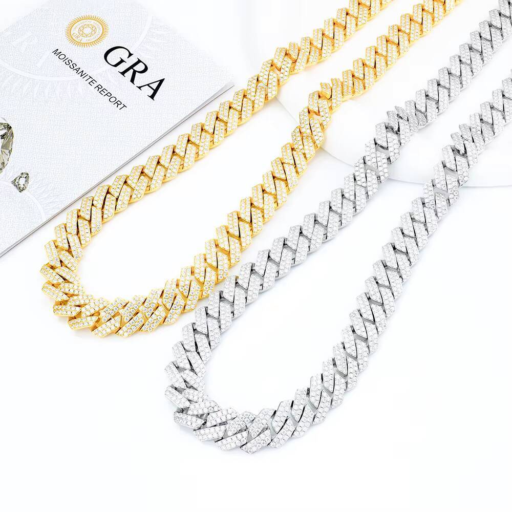 Hiphop Men Iced Out 14mm 18Inches 925 Silver Yellow Gold White Gold Iced Out Necklace Moissanite Cuban Link Chain