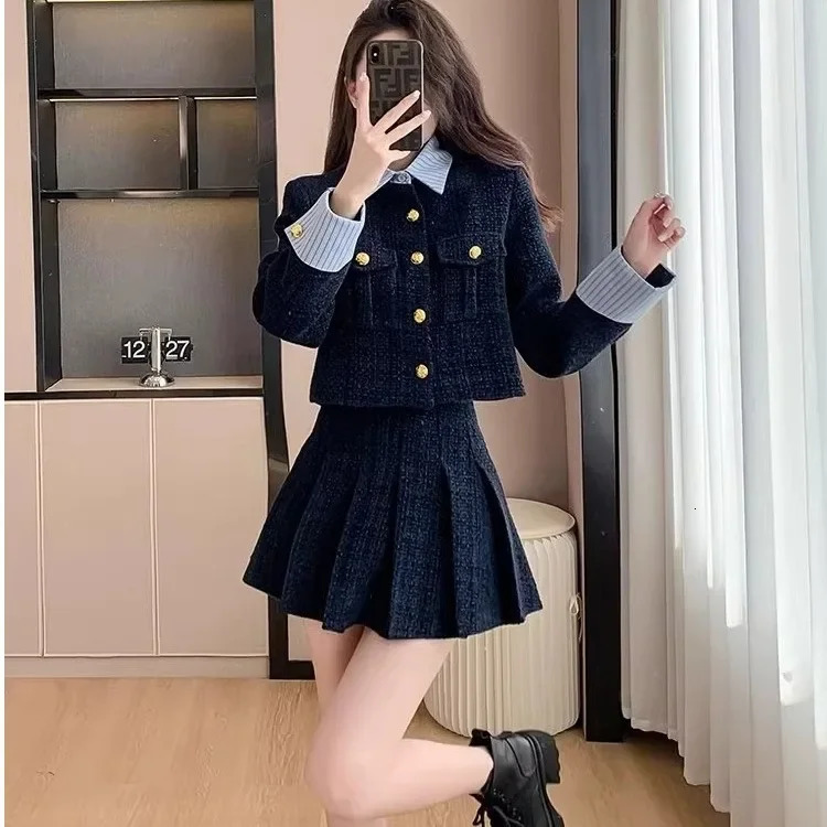 Korean Style Elegant Tweed Mini Dress Set Womens Thousand Gold Thickened Woolen Skirt Socialite Style Autumn/Winter 251106