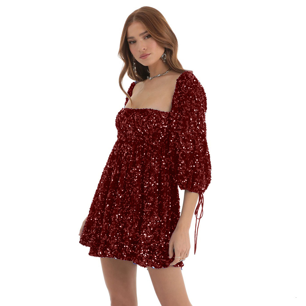 Large loose version sequined skirt, summer casual style square neck short sleeved solid color big swing dress