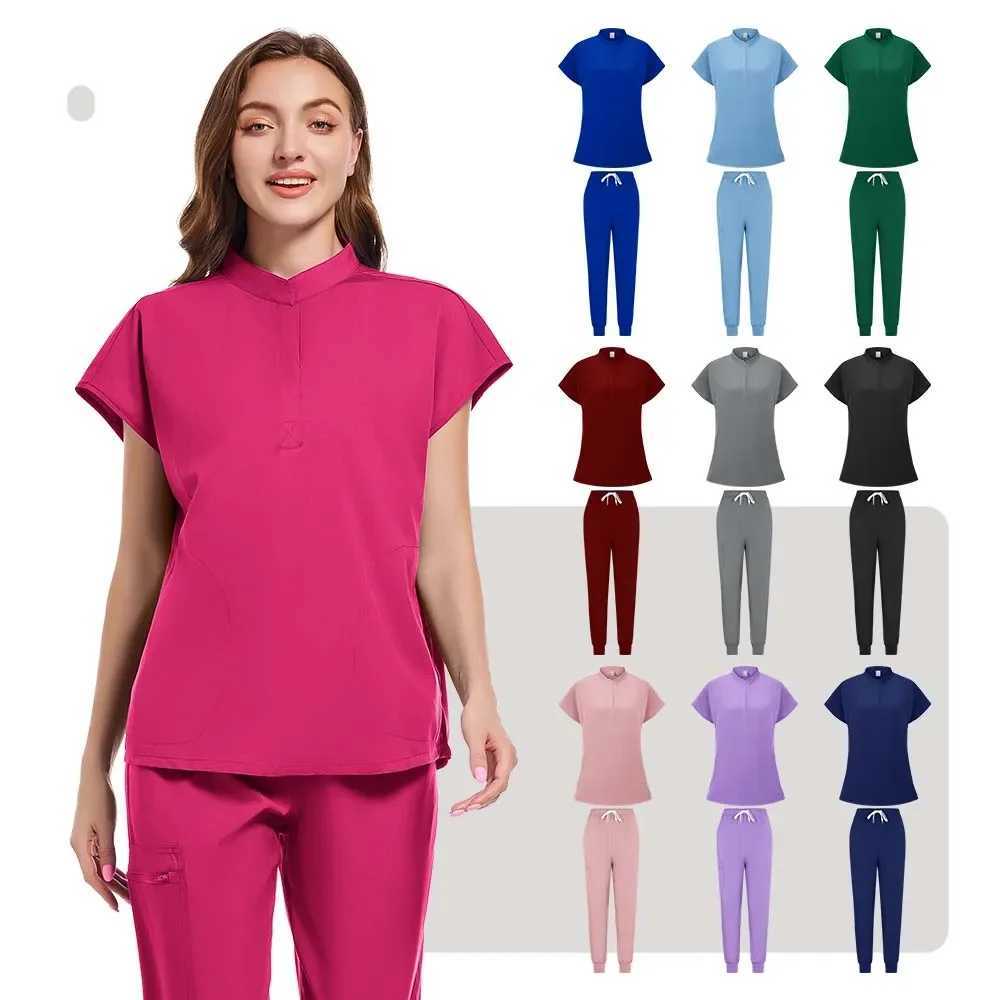 Plus Size Scrubs Set Women Medical Nurse Uniforms Stand Neck V-cut Scrub Top Jogger Pants Vet Doctor Healthcare Workers Workwear X250410
