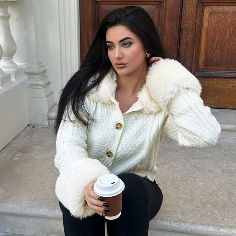 Women's solid-color button-down blouse, with fine fur patches, button fastening, fashionable and popular blouse, herbst clothing thanksgiving out