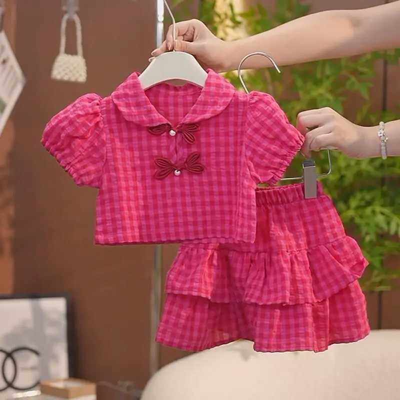 Baby girl set summer girl skiing set childrens top+skiing 2pic childrens red checkered cute set 1-9 years old fashionable clothing for teenagersXJ2504