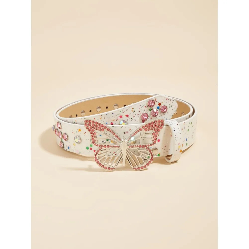 Womens Pink Rhinestone Butterfly Embellished Belt Matching Jeans Y2K Style Layered LR2058 251110