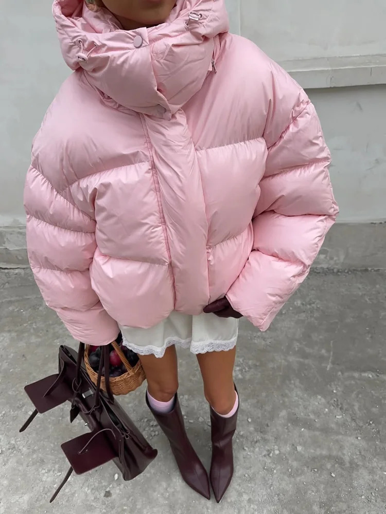 Casual Pink Hooded Cotton Jacket Women Fashion Solid Zip-up Loose Warm Outwear Lady Winter 2025 Daily Commute Street Jackets 251105