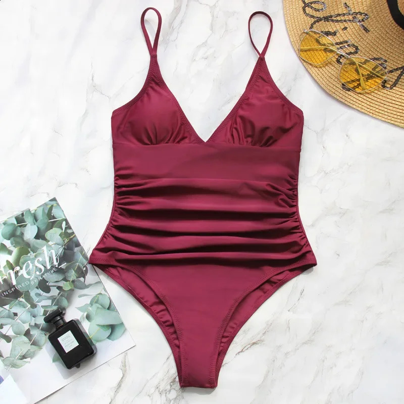 Cross-Border Bikini Sexy Deep VSolid Color One Piece Swimsuit Womens Sweet Solid Color One Piece Swimsuit 250410