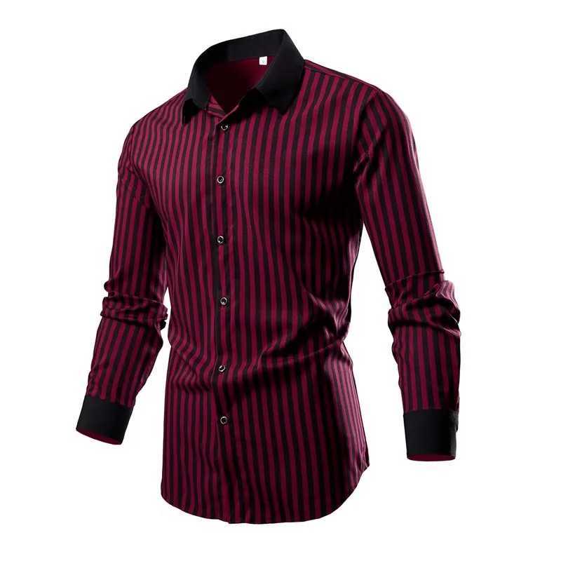 Mens Classic Vertical Stripe Long Sleeve Shirt Single Breasted Lapel Shirts White Red Khaki Available European Size S-XXL K251110