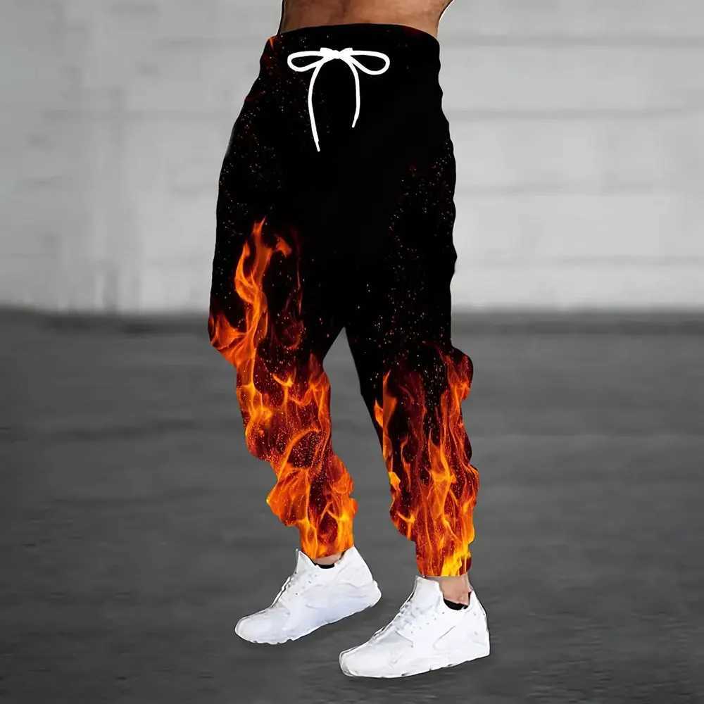 Winter new thick warm pants 2024 new fashion 3D flame printed sports pants mens loose casual pocket drawstring sports pantsXJ250410