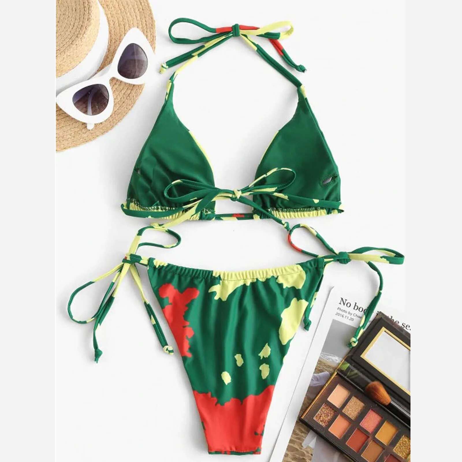Ladies Cow Printed Suit Hanging Neck Low Waist Side Lace Up Three-point Split Bikini Swimsuit Sexy Bathing Suits