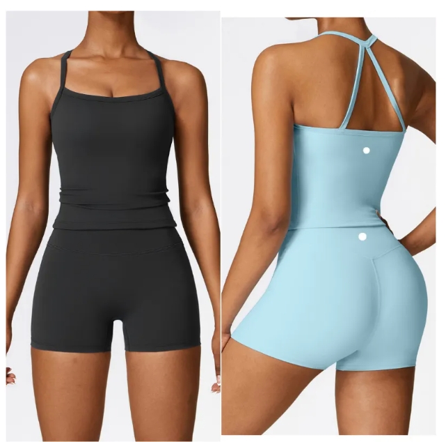 Womens Yoga Outfit Yoga Sets Pants Vest Excerise Sport Gym Running Trainer Casual Shorts Elastic High Waist Close-Fitting Sportwear lululies Long/Short Sleeve