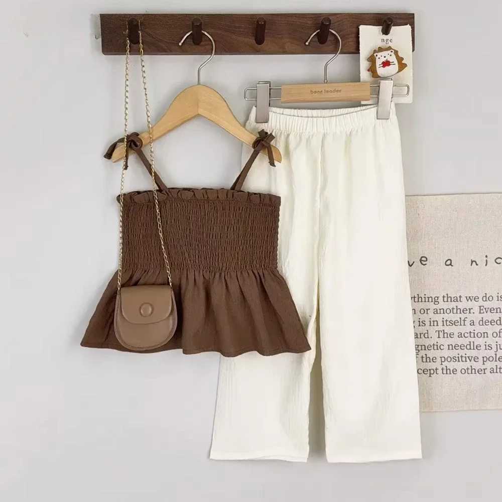 Girls set Korean version summer new khaki pleated Camisol top+beige pants sweet two-piece casual childrens clothingXJ250410