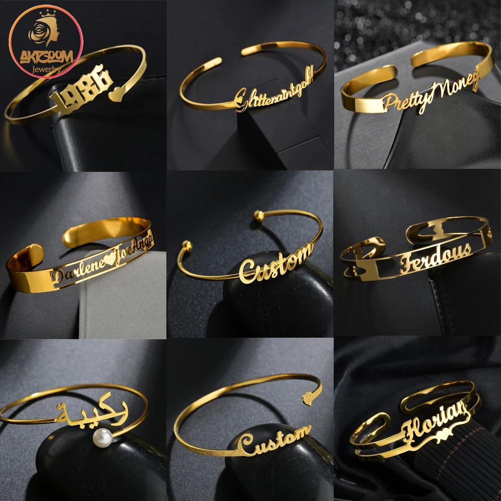 Akizoom Customized Name Bracelet Personalized Stainless Steel Letter Fashion Bracelet Mens Bracelet Wedding Jewelry Gift 250408