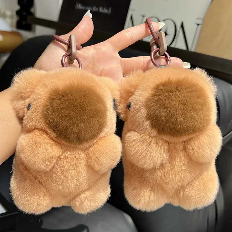 Luxury real Rex rabbit fur capybara Penant keychain cute female puppy bag car keyring charming decoration childrens jewelry pavilion gift W250411