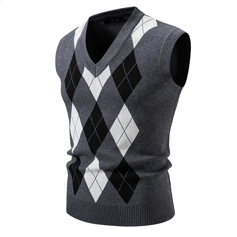 Autumn and winter knitted vest Vneck diamond grid drag sweater mens 250411Z