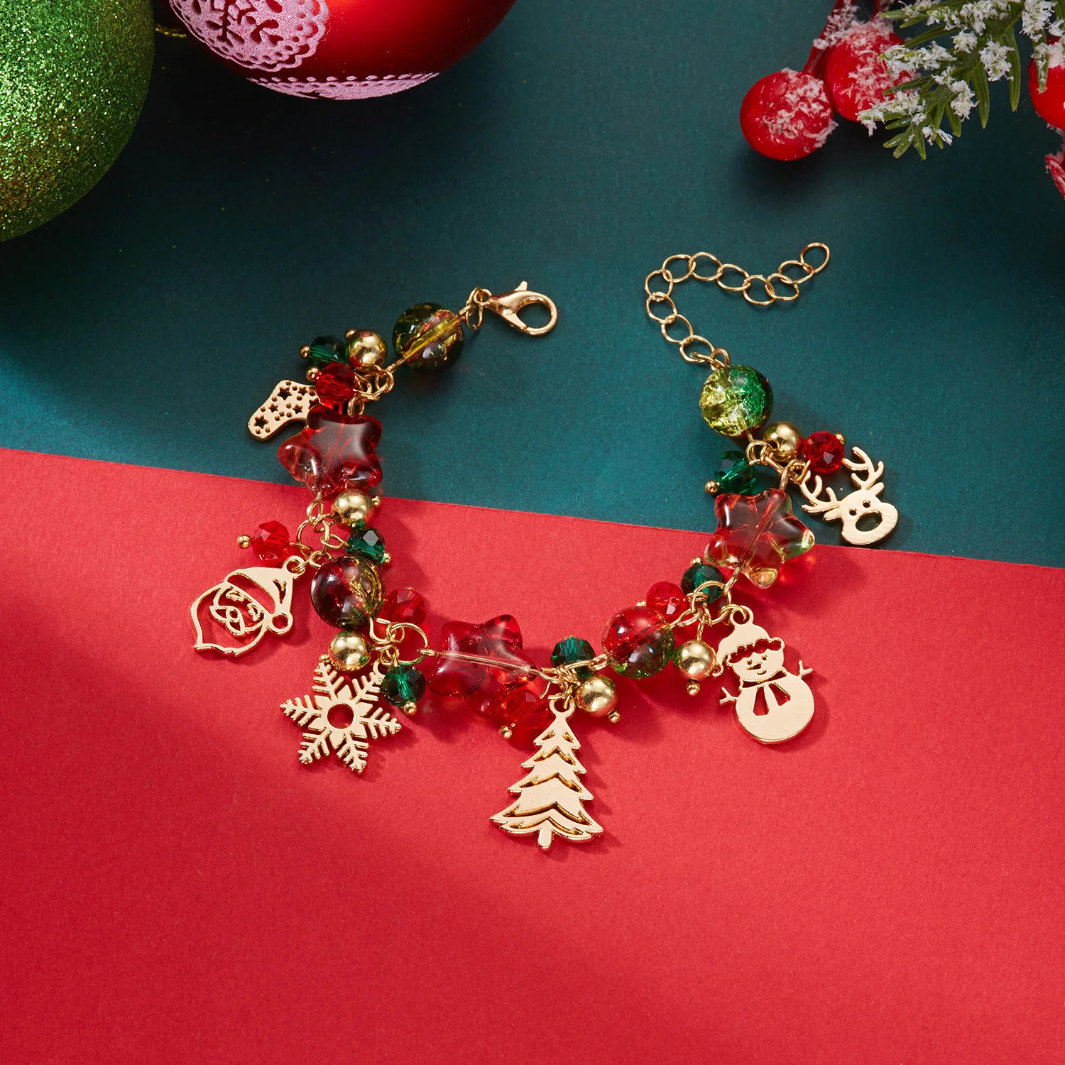 Christmas Colorful Crystal Beads Bracelet For Women Santa Claus Snowflake Tree Elk Snowman Pendant Bangle Year Party Jewelry 251103