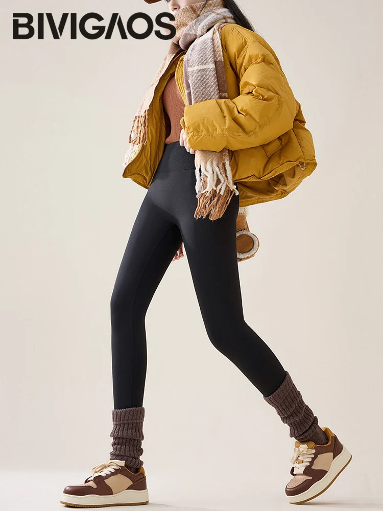 BIVIGAOS Autumn Winter High Waist Fleece Sharkskin Leggings Women Seamless Slim Tight-Fit Velvet Thickened Elastic Warm leggings 251105