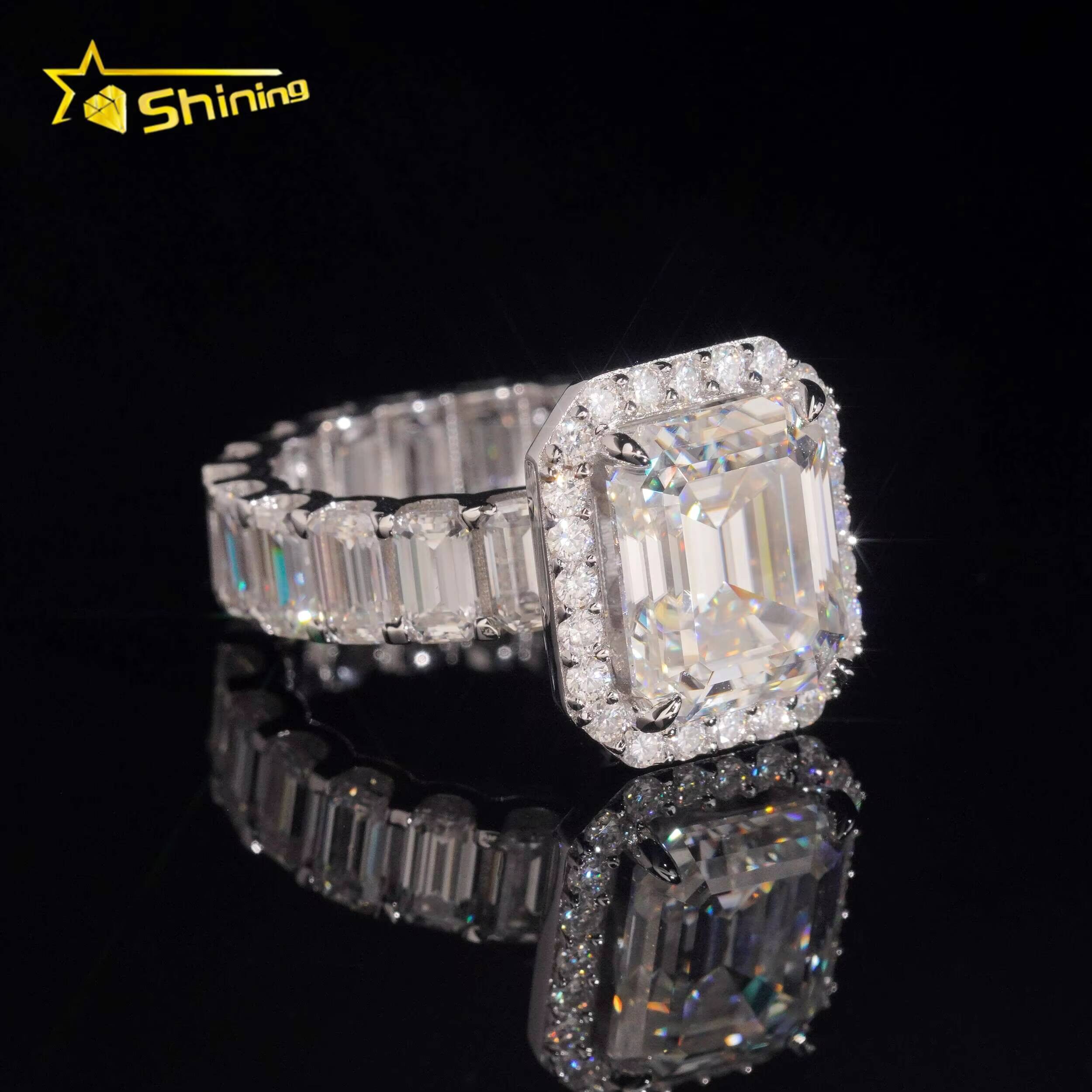 Pass Diamond Tester Wholesale Solid Silver 925 VVS Moissanite 5ct Emerald Cut Engagement Band Ring Iced Out Wedding Ring