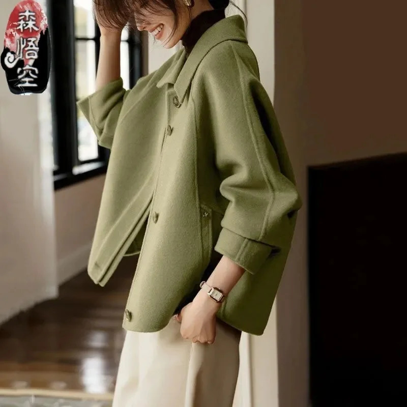 Long Sleeves Wool Blend female Outwear Korean Large Size 4XL Woolen Short Ladies Jacket Winter Flip Collar Woolen Women Coat 251107