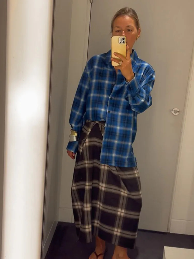 Women Checked Midi Skirt Fashion Casual Pleated Irregular High Waist Slim Mid-length Bottom Lady Daily Commute Street Skirts 251105