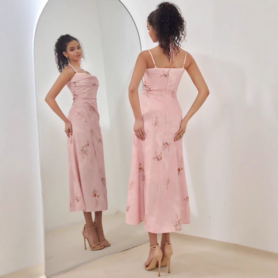 European style 2025 spring and summer new product with high-end temperament, socialite's western-style pink suspender dress for women