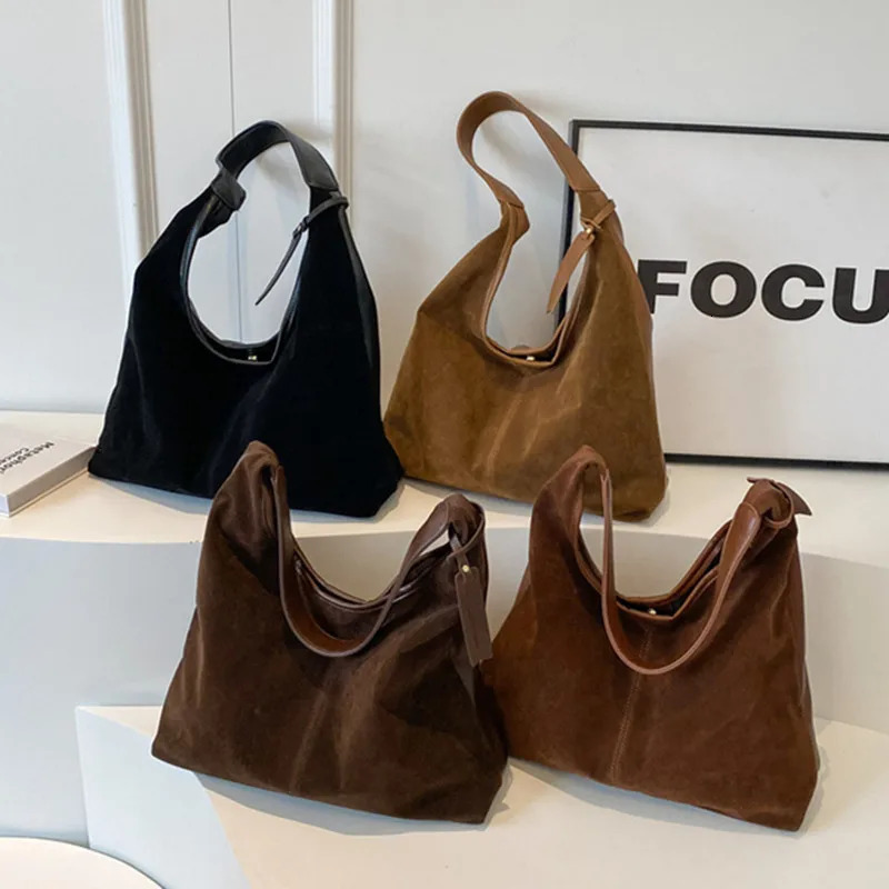 Women Suede Hobo Bag Vintage Shoulder Bag Autumn Winter Handbag Solid Color Large Capacity Shopping Bags Purse for Ladies 251106