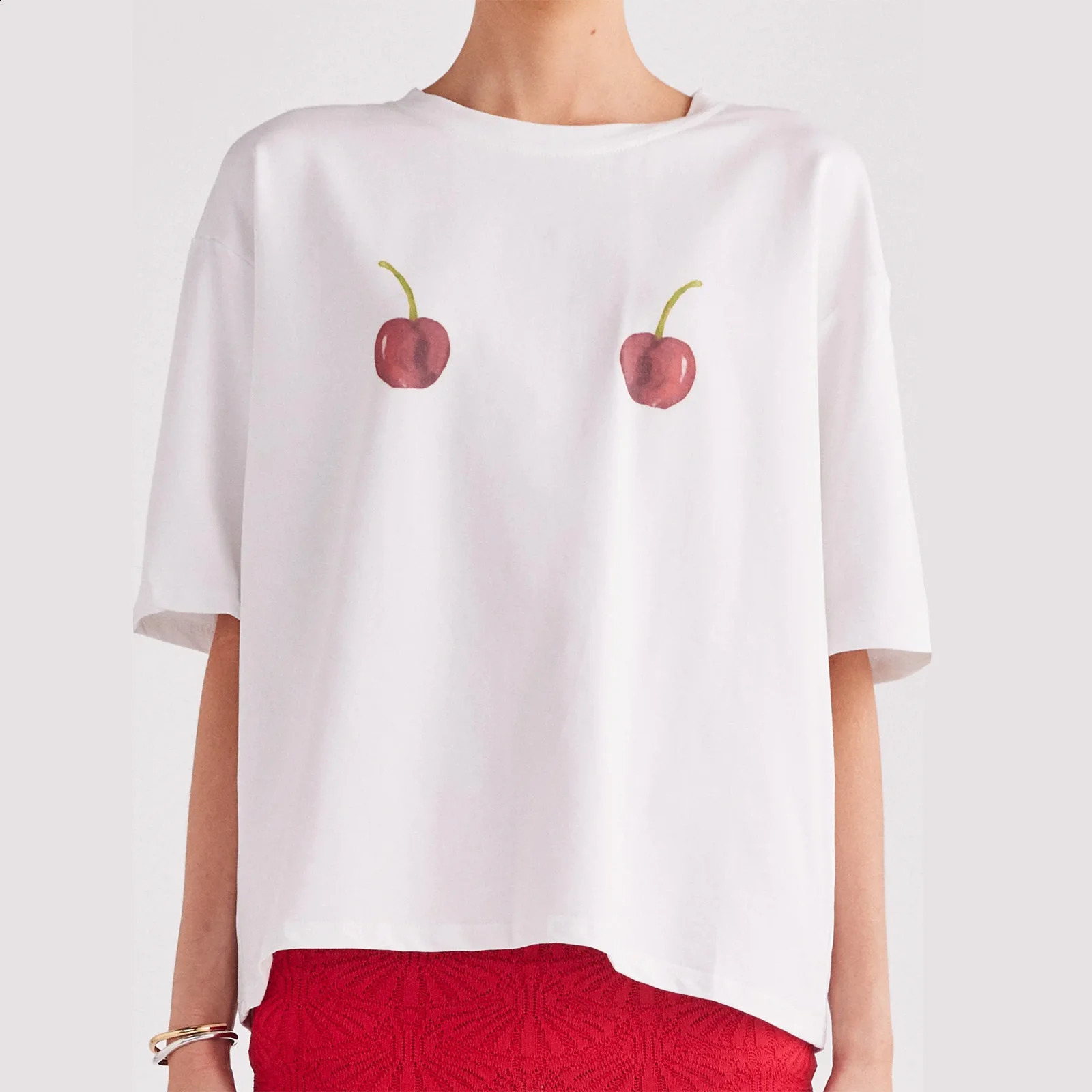 Summer Women Loose T-shirt Crew Neck Short Sleeve PapayaCherryPaw Print Summer Loose Tops for Casual Daily 250410