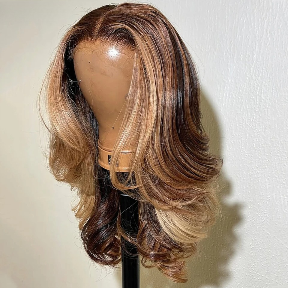 Highlight Ombre Brown Blonde Color Body Wave Lace Frontal Wig 13X4 HD Wear Go Lace Front Wig 200% Density Soft Hair Ombre Ash Remy Human Hair For Women