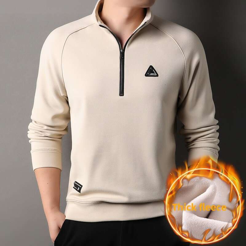 Solid Color Half-Zip Stand Collar Long Sleeve Sweatshirt For Men, Autumn And Winter Trendy Fleece Lined Thickened Casual Base Shirt Top Wholesale