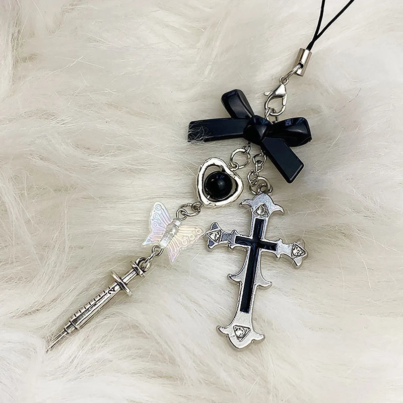 Black Punk Y2K Phone Pendant Chain For Phone Bag Lanyard Keychain Cool Girl Sweet Charm With Cross Butterfly Accessories 251110