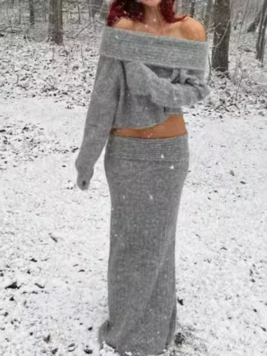 Wolfeel Autumn Womens Single Shoulder Sweater Knitted Skirt 2-Piecen Set Office Lady Thicken Warm Sweater Tight Skirt Set 251105