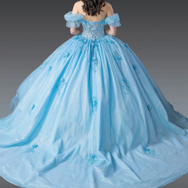 Sky Blue Shiny Princess Quinceanera Dresses Off Shoulder Beads Applique Lace Tull Corset Sweet 16 Dress Ball Gown Vestidos 15 Anos