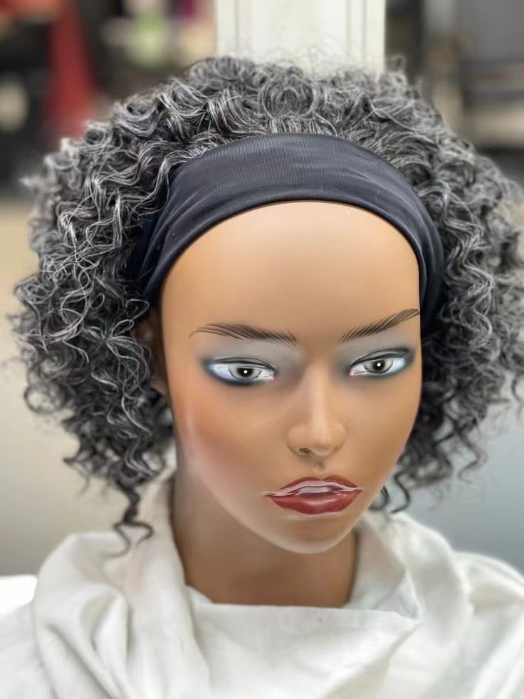 10" tight curl grey headband wig light silver gray human hair salt and pepper natural highlights two tone mixed