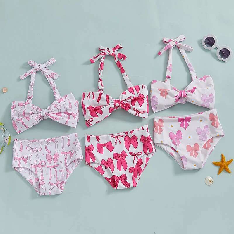 Kids Girl 2 Piece Swimsuits Summer Bow Print Halter Neck Tops and Elastic Shorts Set Bikini Bathing Suits