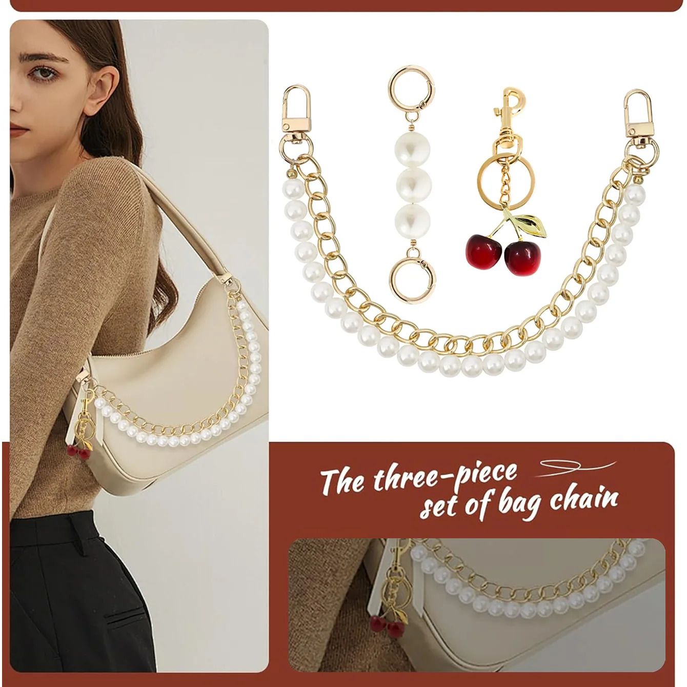 3 PCS Bag Charms Pearl Cherry Keychains Replacement Extension Chain for Crossbody Bags Handbag Straps 251110