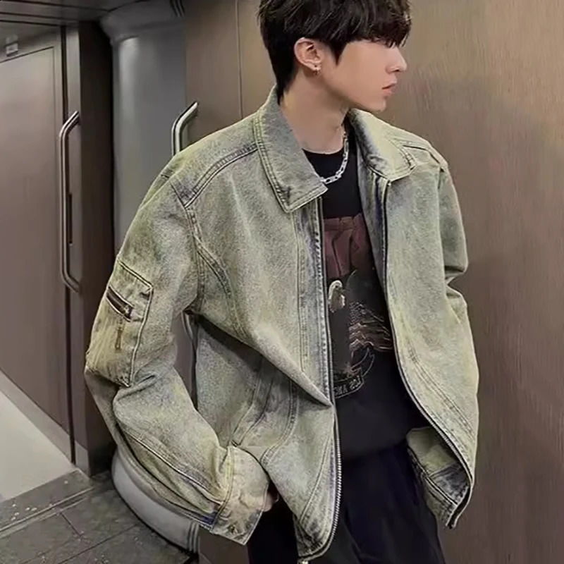 Mens denim jacket autumn vintage washed casual Versatile Fashion Korea Style Trendy High Street 250401