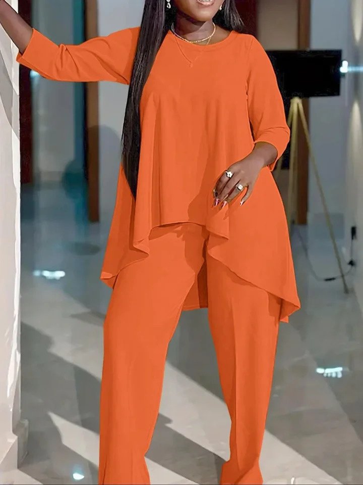 Plus Size Womens 2025 Spring and Summer Round Neck Long Sleeve Solid Colour Suit Long Sleeve Elastic Waist 250410