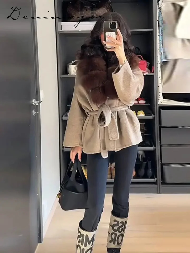 Fur Collar Belt Woolen Womens Coat Lace Up Long Sleeve Thick Warm Jacket 2025 Autumn Winter Lady Chic Elegant Streetwear 251105 - view 4