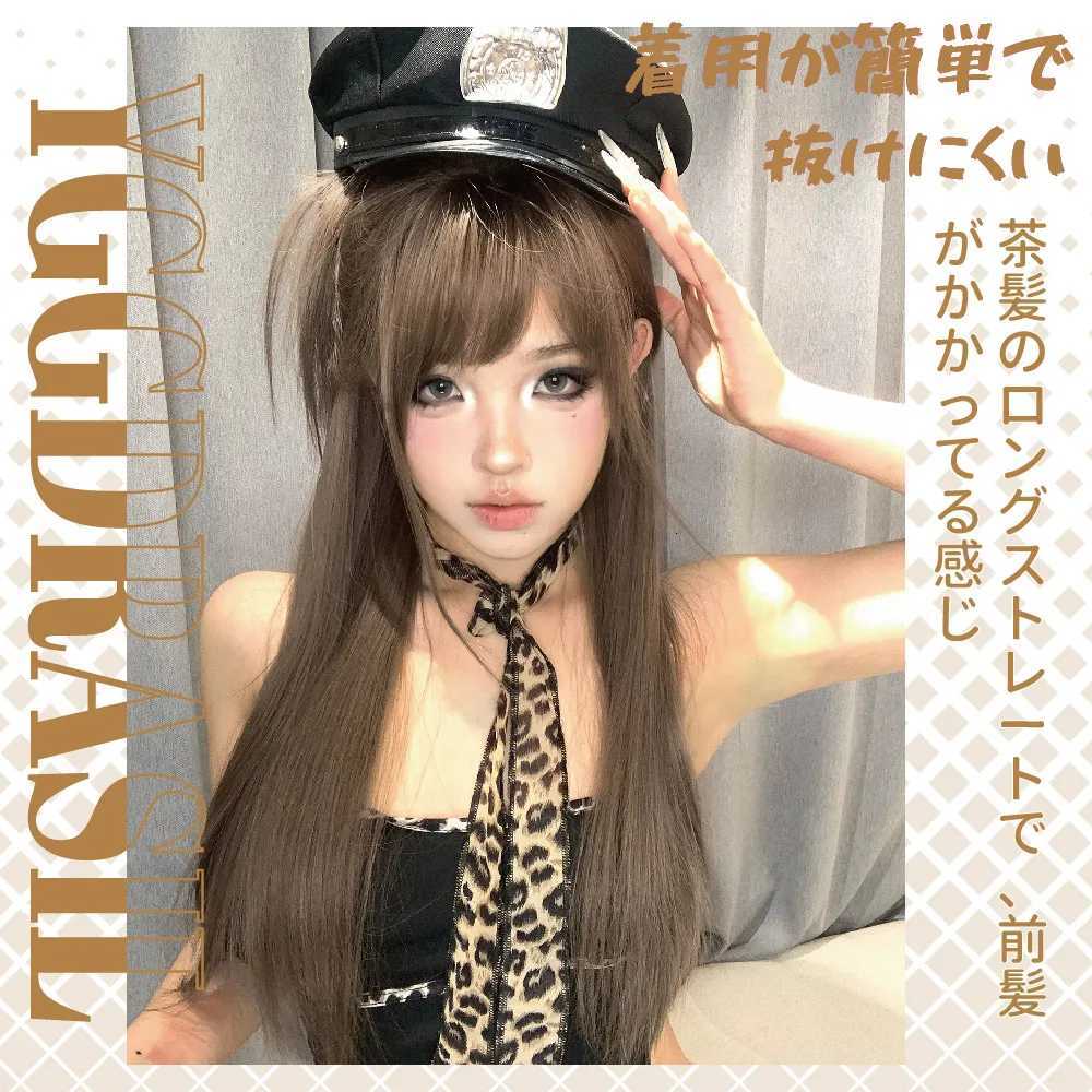 28Inch Wild Style Honey Ash Brown Synthetic Wigs With Bangs Long Straight Hair Mechanism Wig For Women Daily Use Heat ResistantT251111