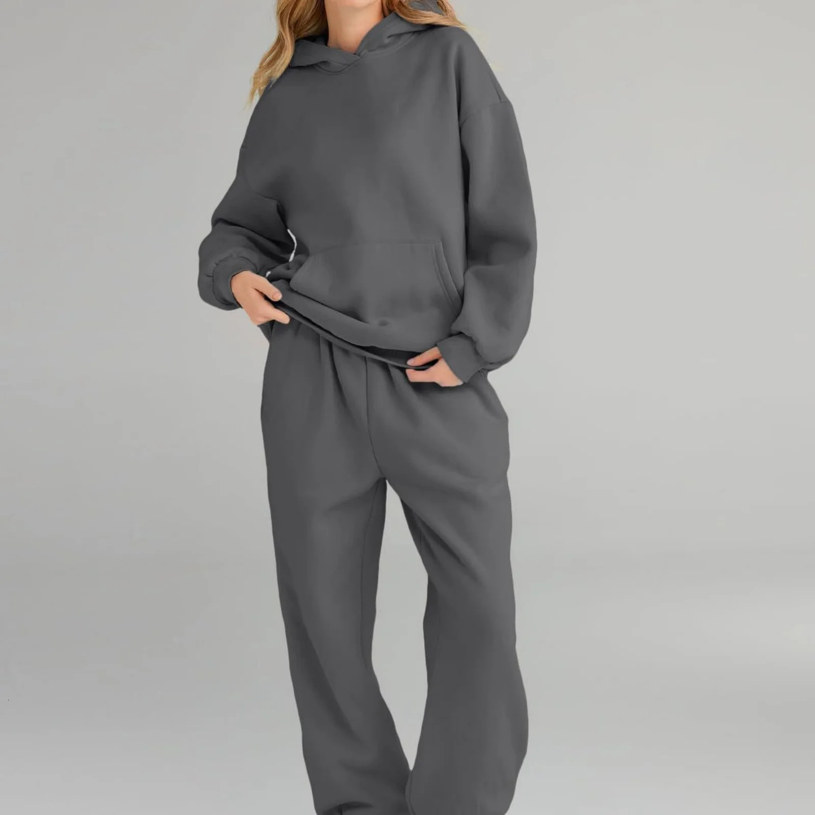 Womens Solid Sportswear Set Basic Classic Hooded Sweatshirt Sweatpants Two-Piece Daily Looks Causal Sports All-Match Set 251106