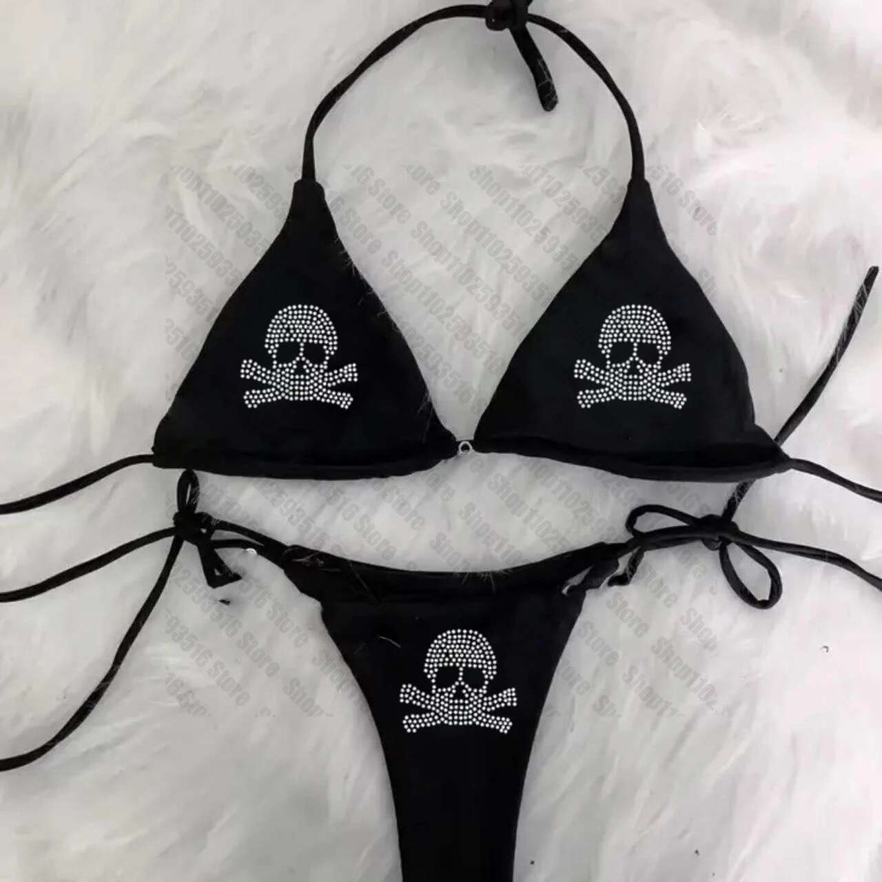 Y2K Bikini set Rhies skull emo Swimsuit Women Sexyprint Padded Bra Thong Two Pieces Swimwear Beachwear Bathing Suit Femme