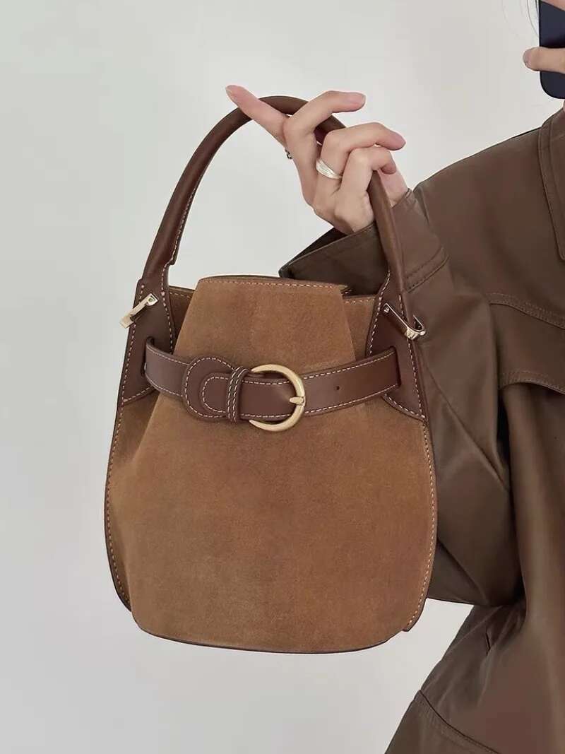 New Women Genuine Leather Bucket Bag Female Large Capacity Shoulder Messenger Ladies Solid Color Retro Tote Handbag