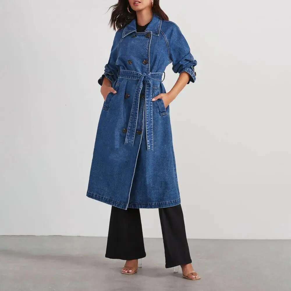 Women's Long Denim Coat Jacket Autumn And Winter New British Style Double-Breasted Lapel Long-Sleeved With Belt Windbreaker
