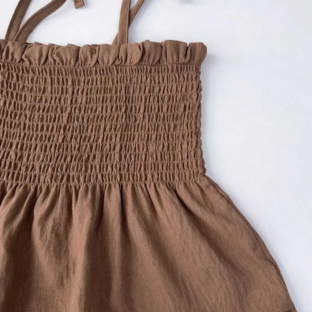 Girls set Korean version summer new khaki pleated Camisol top+beige pants sweet two-piece casual childrens clothingXJ250410