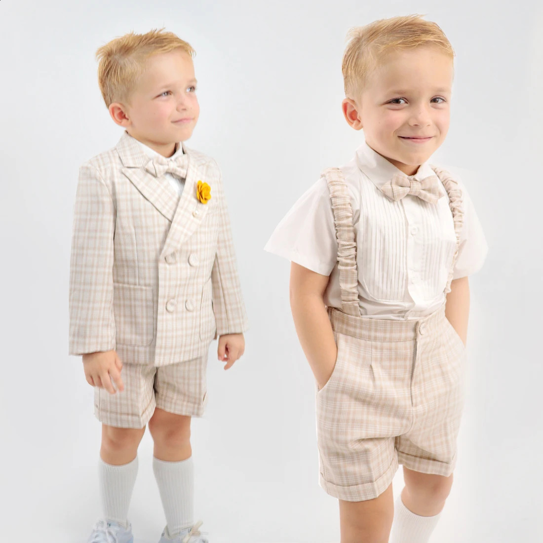 Baptism Suit for Baby Boy Khaki plaid Formal Jacket Infant Gentleman Clothing Set Outfit Wedding 1st Birthday Party Dress Suit 250410