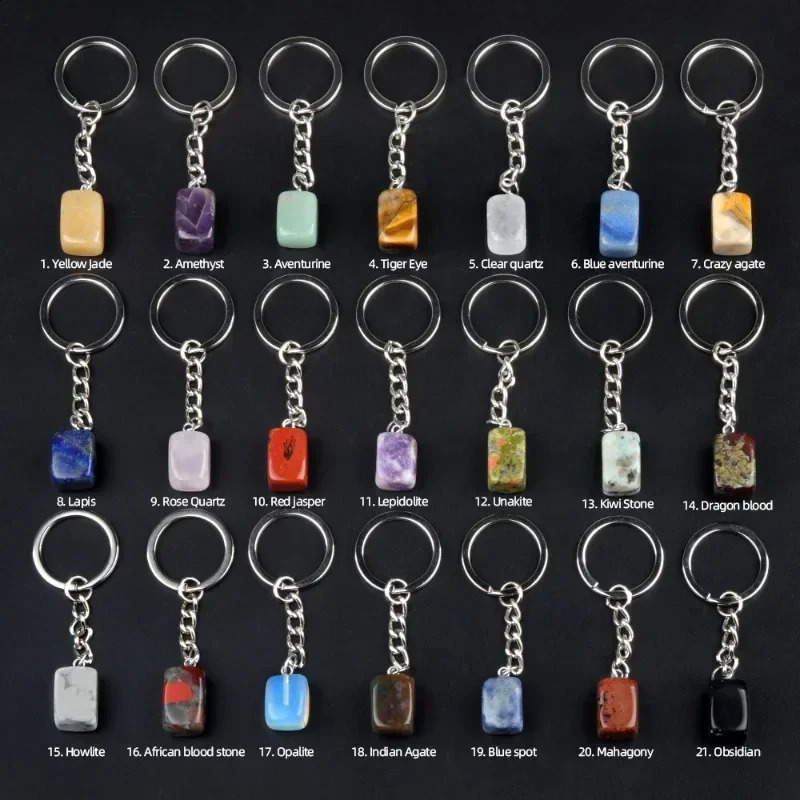 10pcs mixed 16mm rectangular cubic natural stone keychain treatment crystal car decoration keychain 250409