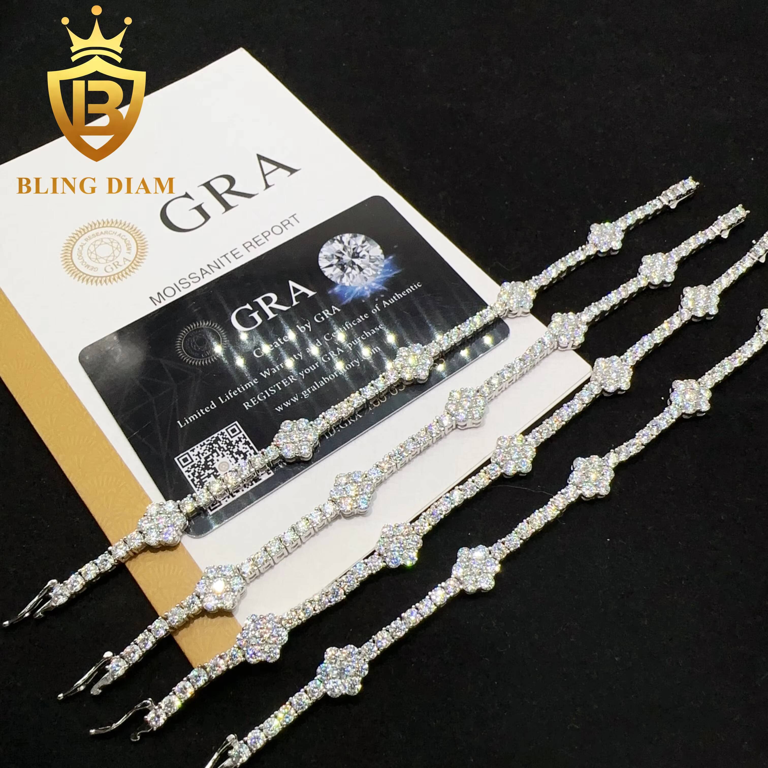 Fashion Jewelry Luxury Bracelets 925 Sterling Silver Vvs Moissanite Diamond Flower Tennis Chain Bracelets