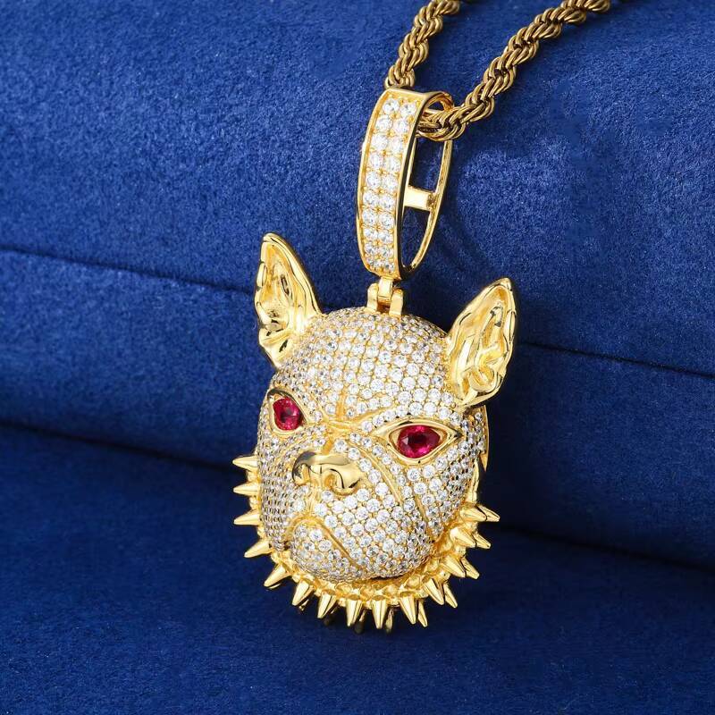 Rapper Men Jewelry Gemstone Gold Plated 925 Sterling Silver VVS Moissanite Red Moissanite Eyes Hip Hop 3D French Bulldog Pendant